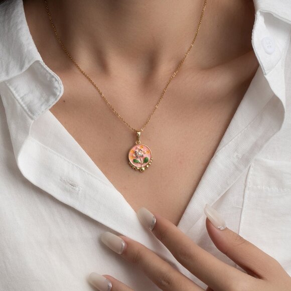 Vintage Floral Enamel Necklace – Pink Rose Pendant, Monet Garden Inspired - Picture 3 of 5